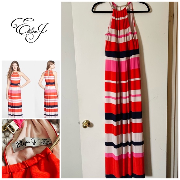 Eliza J striped jersey Maxi Dress with Gold Adjustable chain Collar - Picture 3 of 13
